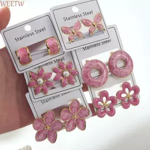 WEETW Bông tai hoa dầu nhỏ giọt, thiết kế hoa và cây tráng men hồng, phong cách phóng đại, chất liệu thép không gỉ 304, tinh tế cho nữ dự tiệc