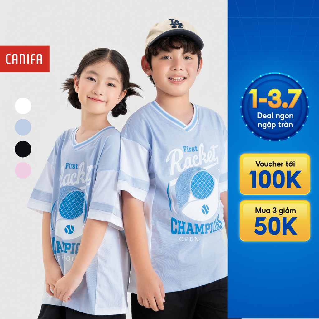 Áo phông unisex trẻ em CANIFA áo thun cộc tay cổ V in họa tiết thể thao năng động 3TS26C007