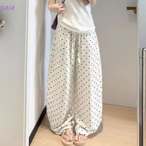 Quần chấm bi nữ SAIA, Quần vải lanh rộng eo co giãn, Quần ống rộng chống nhăn mùa hè phổ biến chống mài mòn Quần ống rộng mặc mùa hè