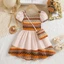 ✿ Bé Gái Bohemian Chắp Vá Đầm In Hình Học Cổ Vuông Tay Phồng Kỳ Nghỉ Mùa Hè Trang Phục Trẻ Em