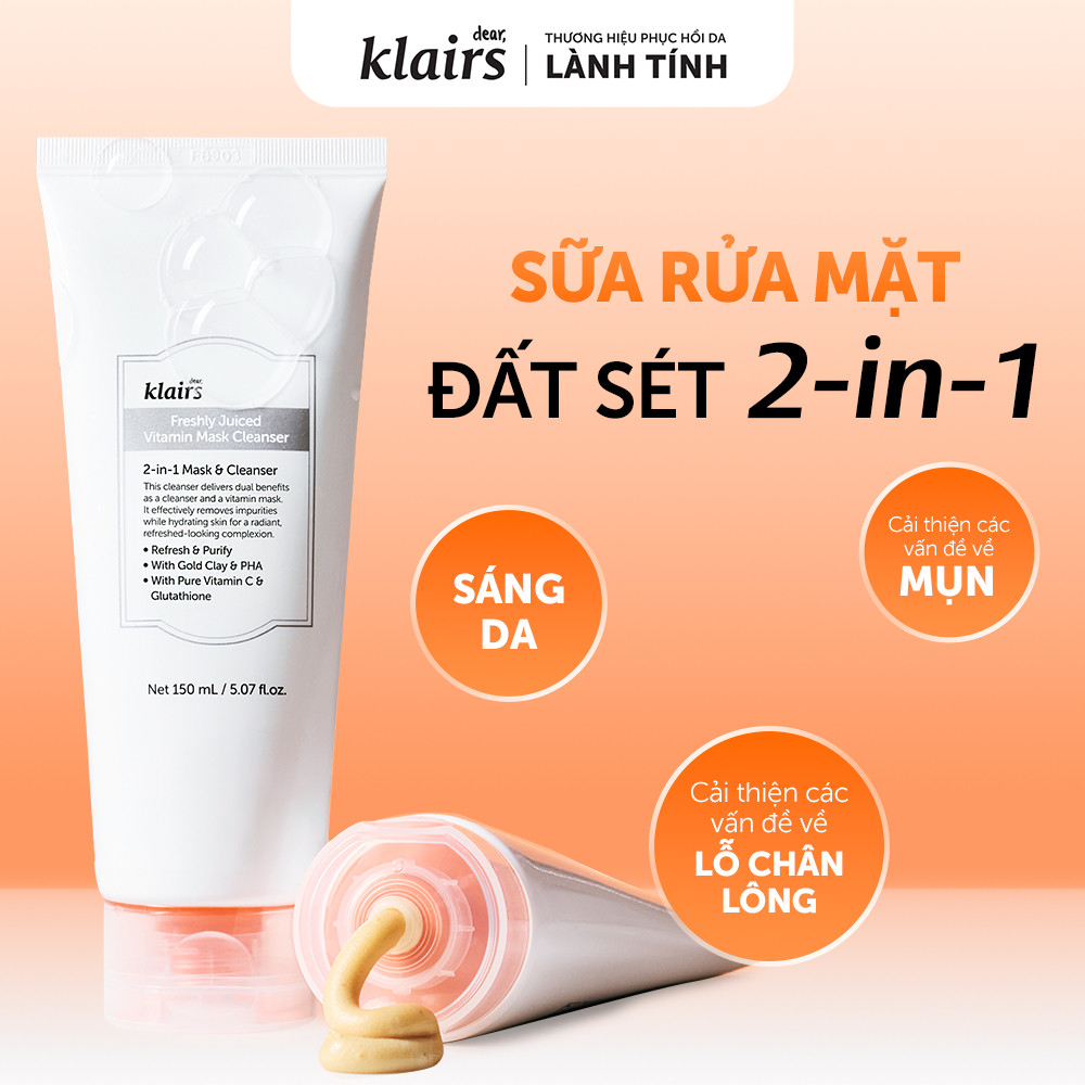 Sữa rửa mặt Dear, Klairs Freshly Juiced Vitamin Mask Cleanser hỗ trợ làm sáng da 150ml [FS]
