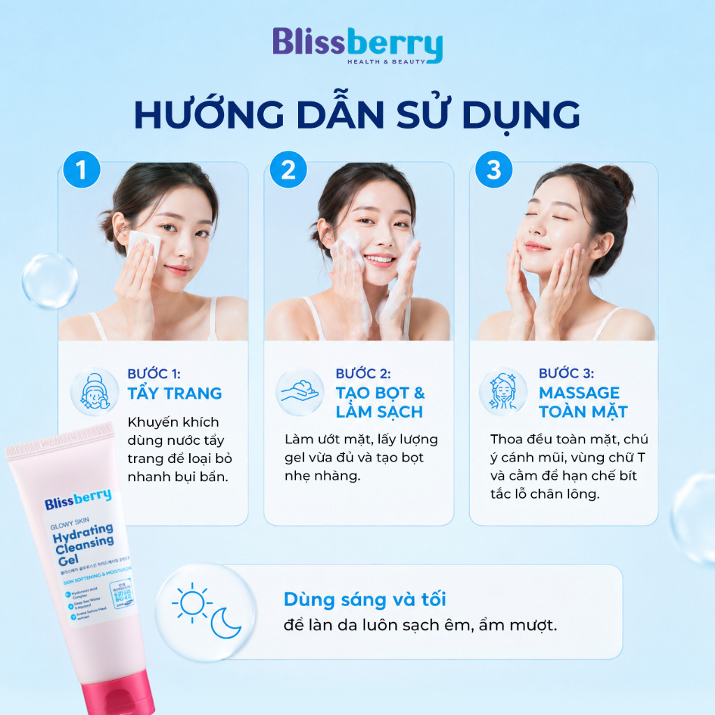 [CHO DA KHÔ] Sữa Rửa Mặt Dưỡng Ẩm, Làm Sáng Da Blissberry Glowy Skin Hydrating Cleansing Gel 100ml