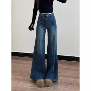 Quần jean cạp cao loe kiểu Mỹ Retro co giãn Quần Denim giảm béo Giặt rộng