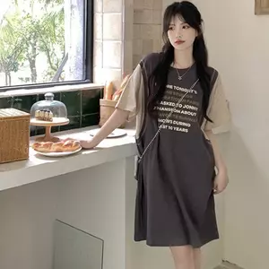 Mùa hè 2026 Phong cách Hàn Quốc Màu sắc tương phản Áo thun hai mảnh giả In chữ Bao da thịt Kích thước lớn Fat mm Thường ngày phù hợp
