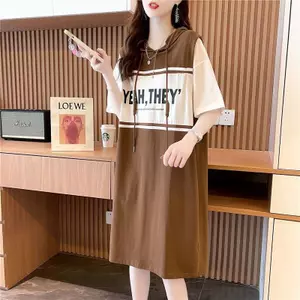 Mùa hè 2026 Plus Size Áo thun giả hai mảnh Váy ngắn tay dài vừa phải dáng rộng che béo mm Out All-Match Váy dài lười thường ngày dành cho nữ