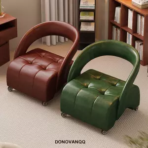 Ghế đẩu bánh xe xoay DONOVANQQ, Ghế tựa lưng tròn bằng da thật, Đồ nội thất Thiết kế tối giản mềm mại Bánh xe sáng tạo có ghế Sofa bằng da Bàn cà phê