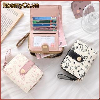 Ví ngắn ROOMYCO, Hộp đựng thẻ ID dung lượng lớn hình mèo dễ thương, Ví nữ nhẹ bằng da PU