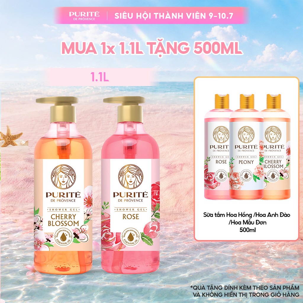 Sữa Tắm PURITÉ 1.1L Hương Hoa Anh Đào/Hoa Hồng Tặng  Sữa Tắm Hương Hoa Anh Đào/Hoa Mẫu Đơn/Hoa Hồng 500ml