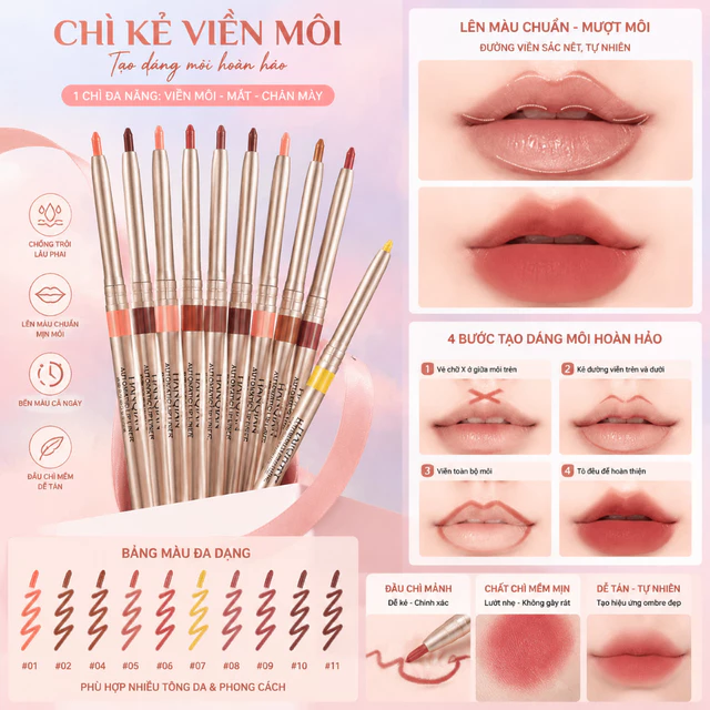 Chì Kẻ Viền Môi Nhung Lì, Son Môi Kiêm Chì Kẻ Viền Môi, Chất Nhung Lì, Lâu Trôi, Chống Thấm NướcMàu Tự Nhiên