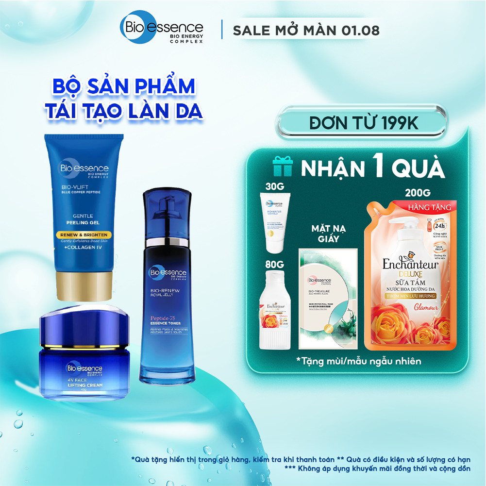 Bộ Bio-essence Renew – Tái tạo da: Gel Tẩy tế bào chết 60g, Sữa rửa mặt 100g, Kem nâng cơ 45g, Toner 100ml