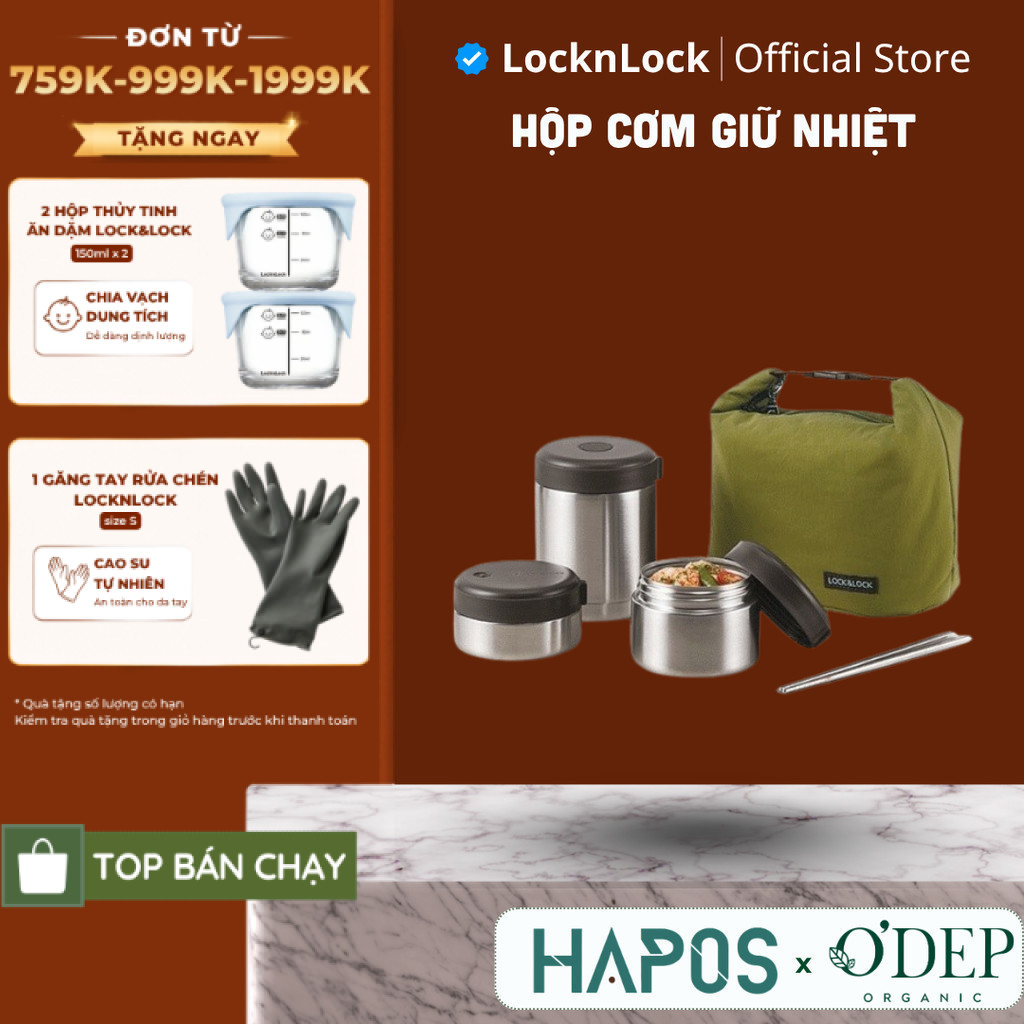 Hộp cơm giữ nhiệt 1160ml LocknLock (3 hộp) LHC8025SLV, Hàng chính hãng, kèm đua inox độ bền cao - HAPOS LOF
