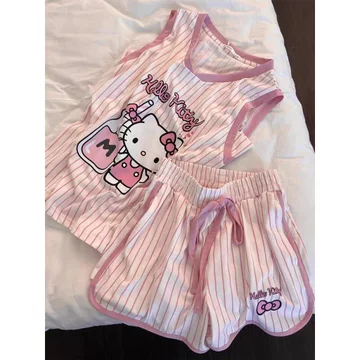 đồ tole nữ mặc nhà đồ ngủ nữ pyjama Đồ ngủ hellokitty quần short áo ba lỗ mùa hè sọc nữ đồ mặc nhà bộ hai chiếc ngọt ngào có thể mặc bên ngoài đồ ngủ nữ