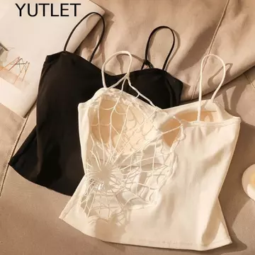 YUTLET Spider Web Crop Top, Áo hai dây mỏng vừa vặn hở lưng, Cotton ngọt ngào với miếng lót áo ngực phong cách Hàn Quốc Áo Vest rỗng Áo dạo phố