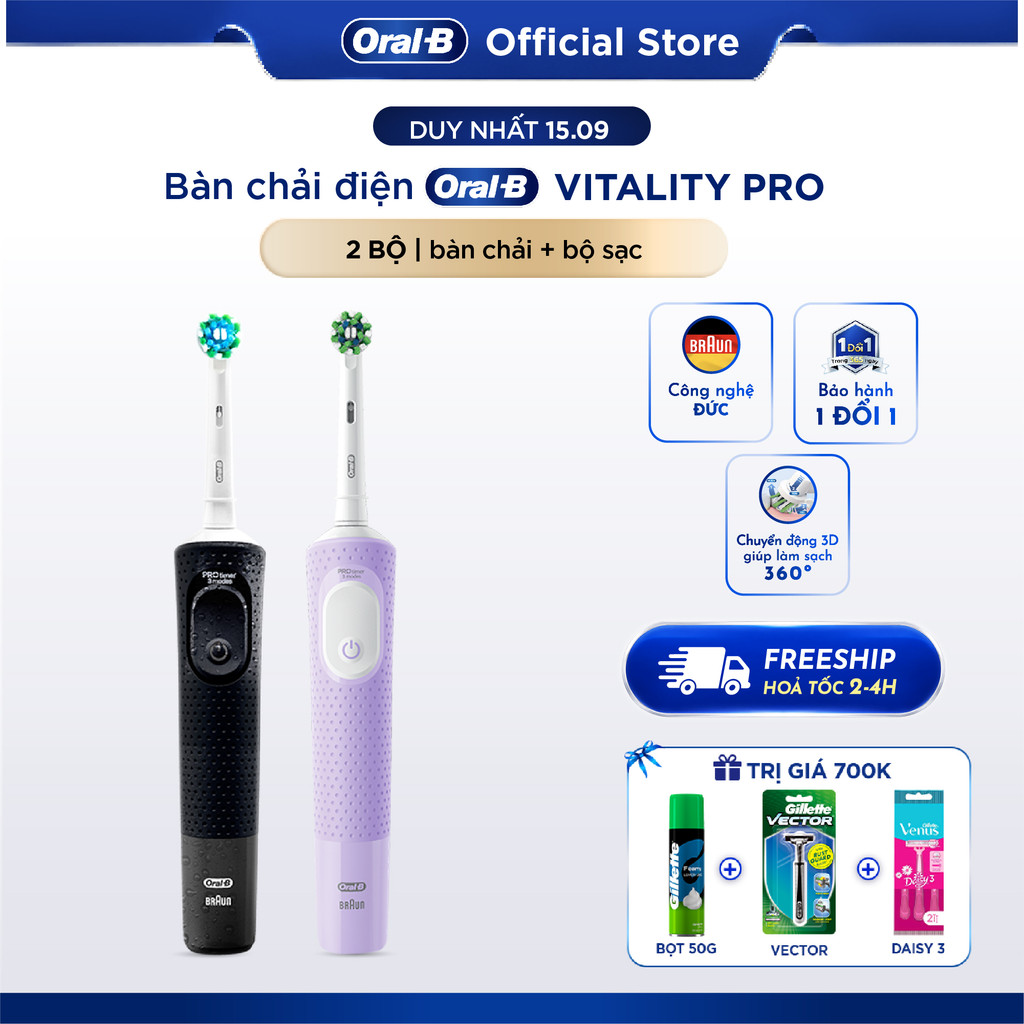 [HỎA TỐC 2H-4H] Combo Couple 2 Bàn Chải Điện ORAL-B VITALITY Pro 3 CHẾ ĐỘ Giúp Làm Sạch Sâu