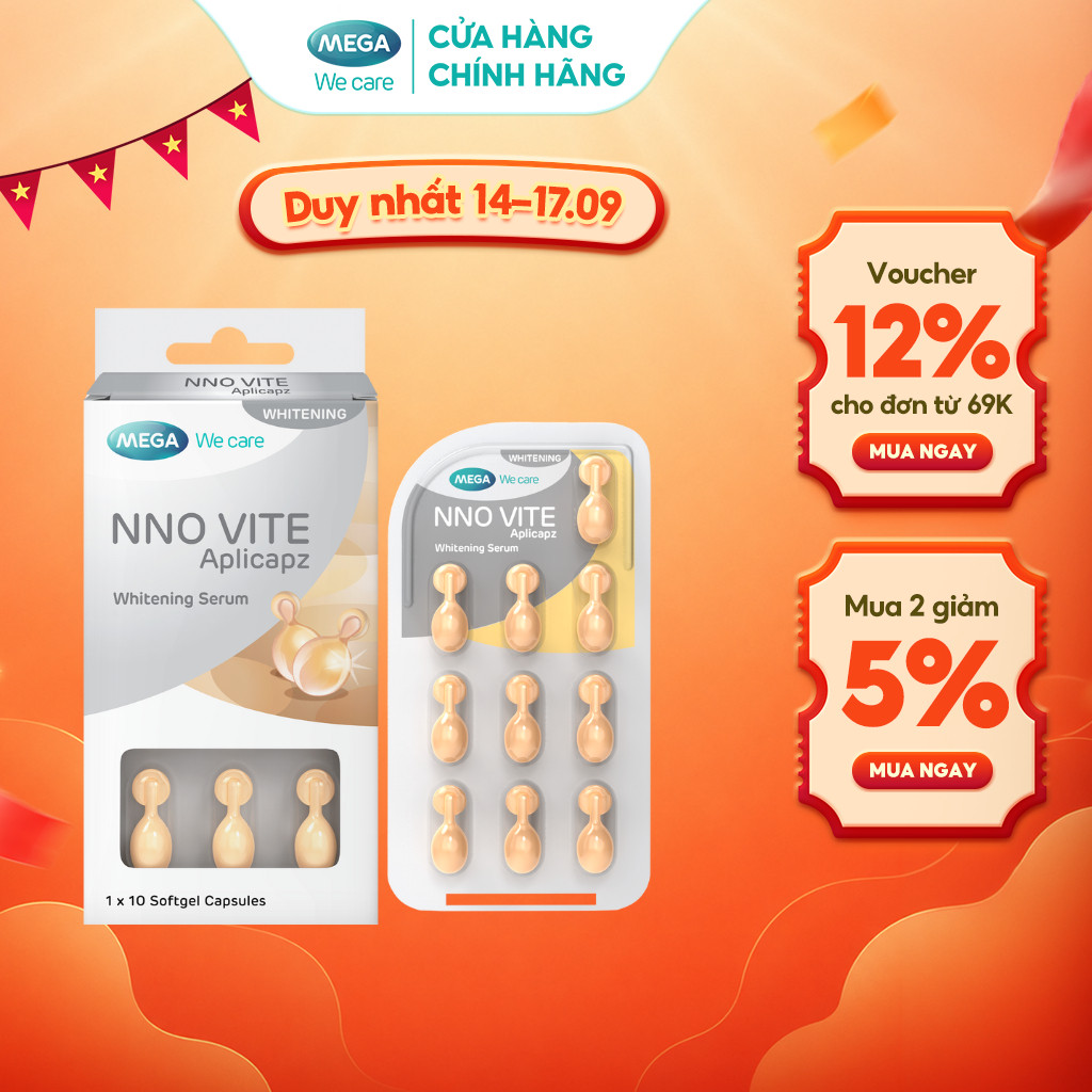 Serum dưỡng trắng da, mờ đốm nâu, đều màu da - Vitamin C, Vitamin E, Bisabolol - NNO VITE Mega We Care (10 viên)