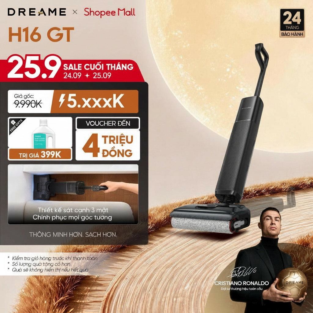 Dreame H16 GT Máy hút bụi lau sàn không dây | thiết kế siêu mỏng 9.9cm | lực hút cực đại 23.000Pa | BH 24 tháng
