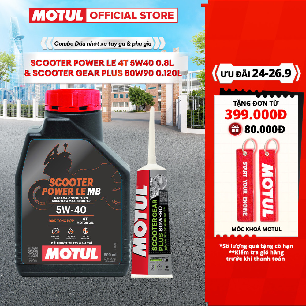 Combo Dầu nhớt xe tay ga Motul Scooter Power LE 4T 5W40 0.8L và Dầu hộp số xe tay ga SCOOTER GEAR PLUS 80W90 0.120L
