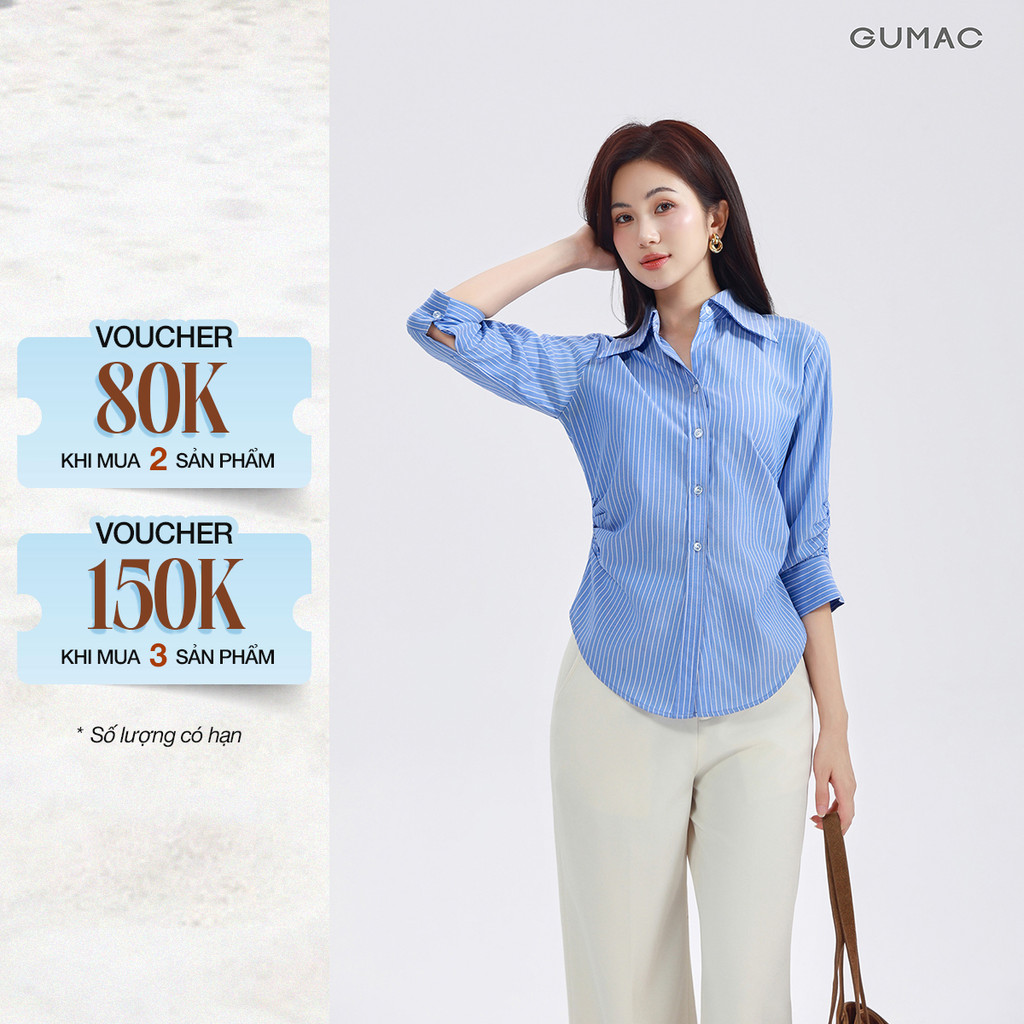 [VOUCHER 70K] Áo Sơ Mi Nữ GUMAC Áo Kiểu Công Sở Kẻ Sọc Tay Lửng Chiết Ly Eo Vải Kate Cao Cấp AF01024