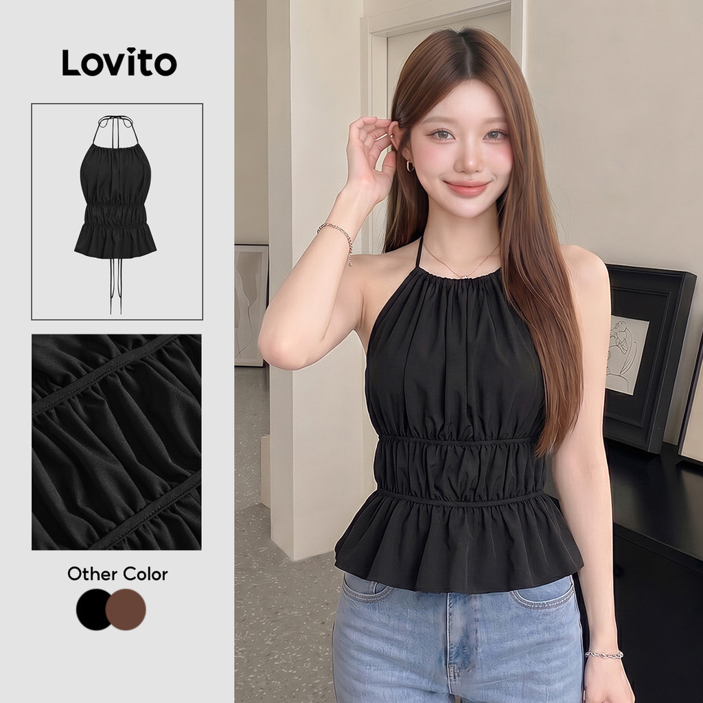 Lovito thanh lịch Áo Tank Top Plain Ren Up Ruched Tank Top dành cho nữ L106AD087