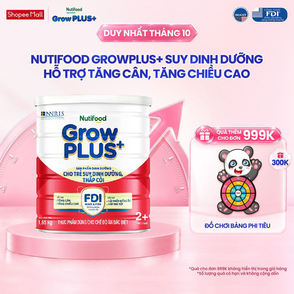 Sữa bột Nutifood GrowPLUS+ Suy Dinh Dưỡng (Đỏ) 2+ Tăng Cân, Tăng Chiều Cao (Lon 1,65 Kg)