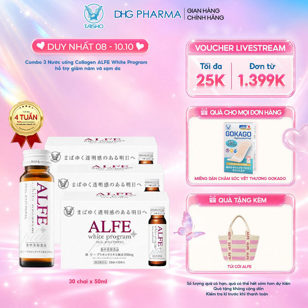 Combo 3 Nước uống Collagen Alfe White Program hỗ trợ giảm nám và sạm da - Hộp 10 chai x 50ml