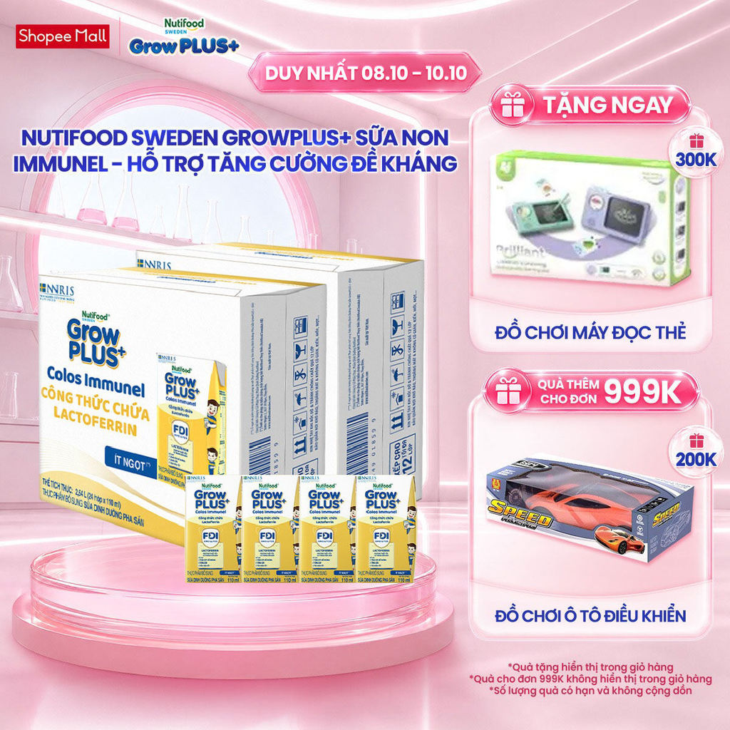 Combo 2 Thùng 24 hộp Sữa Bột Pha Sẵn Nutifood Sweden GrowPLUS+ Sữa Non Immunel hộp 110 ml (Bao bì tuỳ lô hàng)