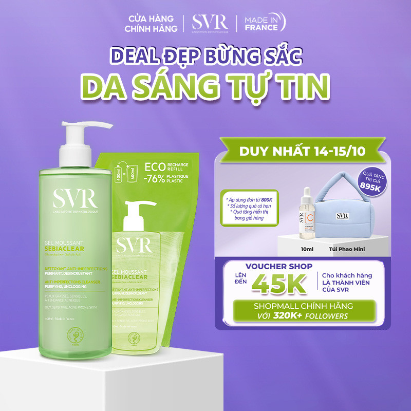 Bộ đôi tiết kiệm Gel rửa mặt SVR Sebiaclear Gel Moussant 400ML (1 chai + 1 túi) (CBG07)