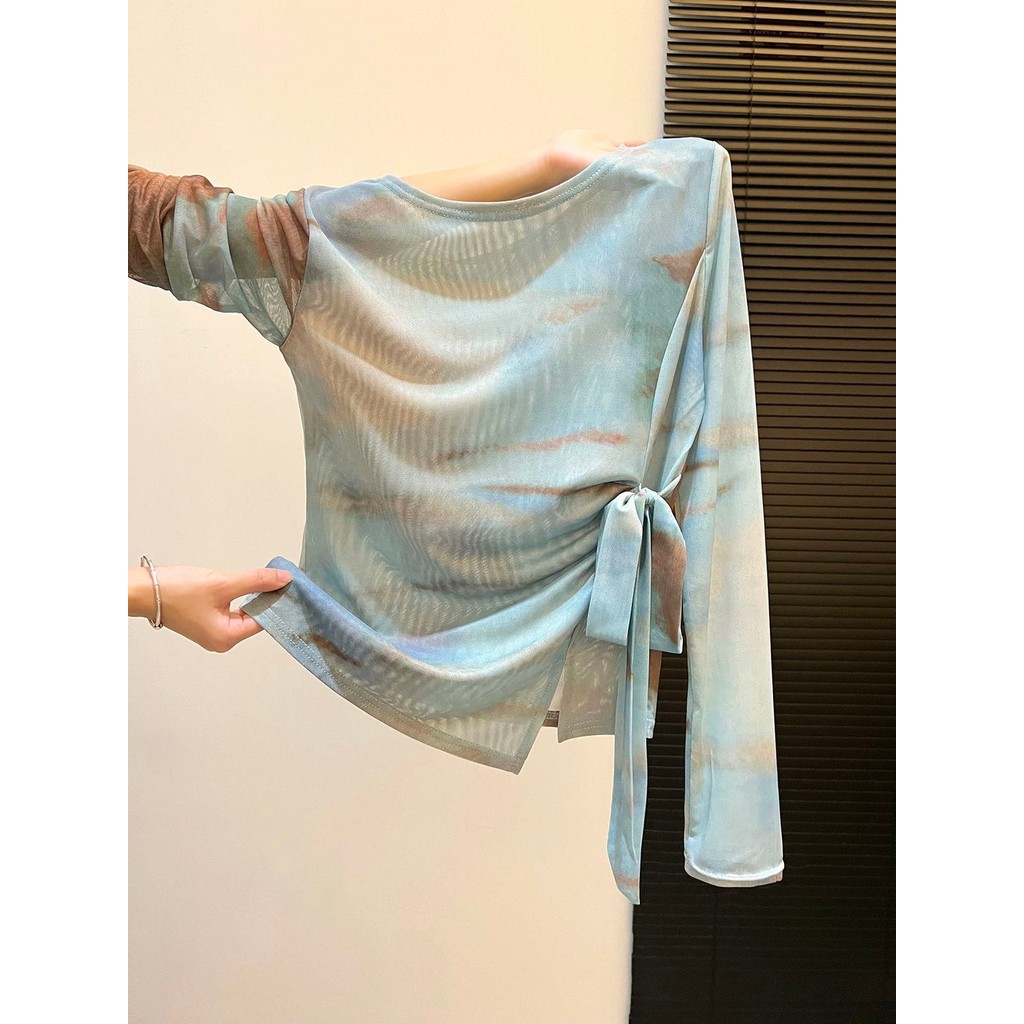 Milyfashion Tie-Dye In viền không đều dài tay gạc Top mỏng xuyên thấu Sunscre