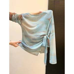 Milyfashion Tie-Dye In viền không đều dài tay gạc Top mỏng xuyên thấu Sunscre