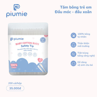 Piumie Tăm bông trẻ em Baby Cotton Buds vệ sinh tai mũi, 2 đầu bông tự nhiên an toàn & lành tính cho trẻ sơ sinh.