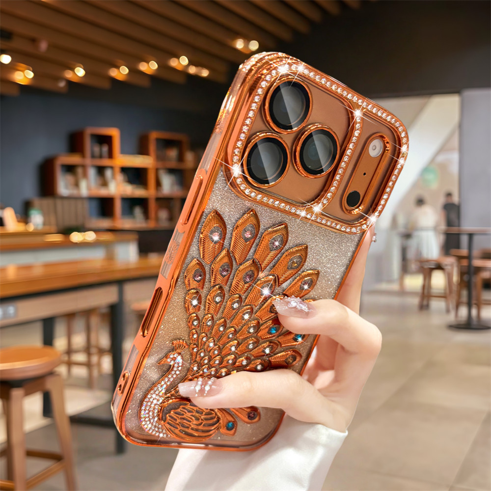 Ốp điện thoại hình con công 3D kim cương Flash sang trọng cho iPhone 17 Pro Max 16 13 14 15 Pro Max Air Phim bảo vệ gương chống rơi TPU mềm vỏ bảo vệ điện thoại