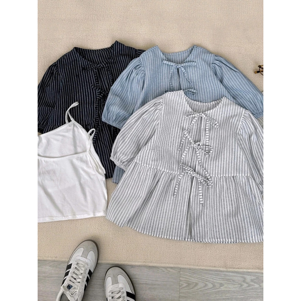 (Tặng kèm áo 2 dây) Áo Babydoll Kẻ Buộc Nơ Tay Phồng, Áo Kiểu Nữ Tay Bồng_A523