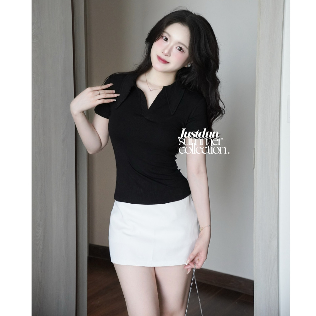 Áo thun nữ cổ sơ mi cotton mịn form ôm phong cách Polo JUSTDUN E21