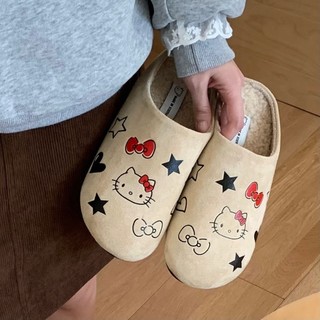 XIXITIAO giày Birken cổ lười cho nữ, đế bọc lông giữ ấm, kiểu mới mùa đông dễ thương Hello Kitty