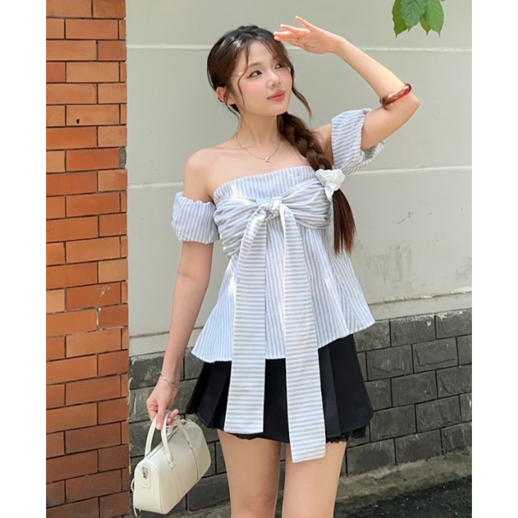 Áo Kiểu Nữ Kẻ Thắt Dây Ôm Eo Tay Bo Chun (tay tháo rời). Áo Sọc Cúp Ngực Phối Nơ Tay Phồng_A699