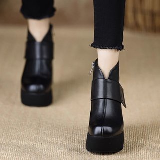 Giày Bốt Ngắn Nữ Ngón Tròn Dày Gót Chống Thấm Nước Nền Tảng Velcro Bên Dây Kéo Thời Trang
