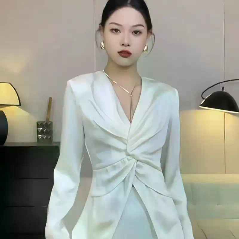 Áo Sơ Mi Acetate Satin Cho Nữ Mùa Thu Hàn Quốc Xoắn Xếp Ly Cổ Chữ V