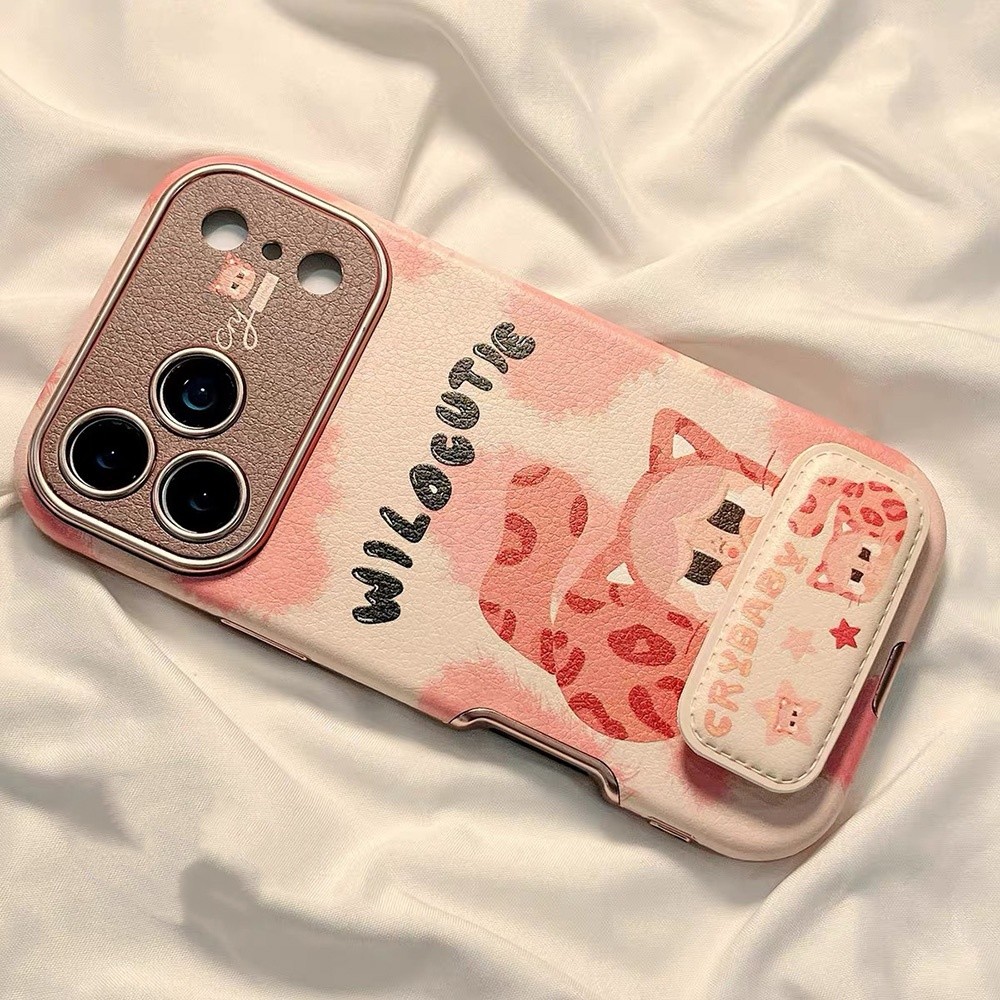 Màu Hồng Da Báo Khóc Gấp Giá Đỡ Da Ốp Lưng Điện Thoại Cho iPhone 17 Pro Max 17 Air 16 Plus 15 14 13 Vỏ Bảo Vệ Chống Sốc
