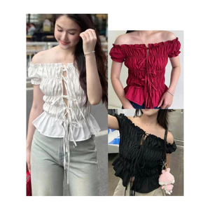 Áo Trễ Vai Croptop Cộc Tay Bo Chun Tiểu Thư Buộc Dây Mặc Được 2 Kiểu Cá Tính_A553