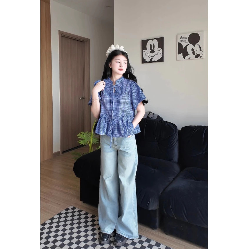 Áo Babydoll Kẻ Cổ Tàu Buộc Dây Cộc Tay, Áo Babydoll Nữ Ngắn Tay Buộc Nơ Dáng Rộng Chất Thô_A557