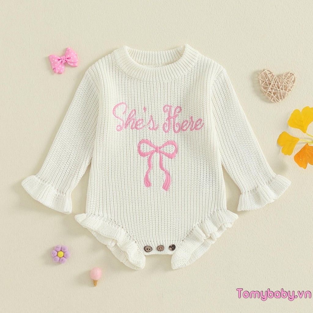 Bé Gái Đan Áo Liền Quần Dài Tay Cổ Tròn Thêu Nơ Chữ Body Cho Hàng Ngày