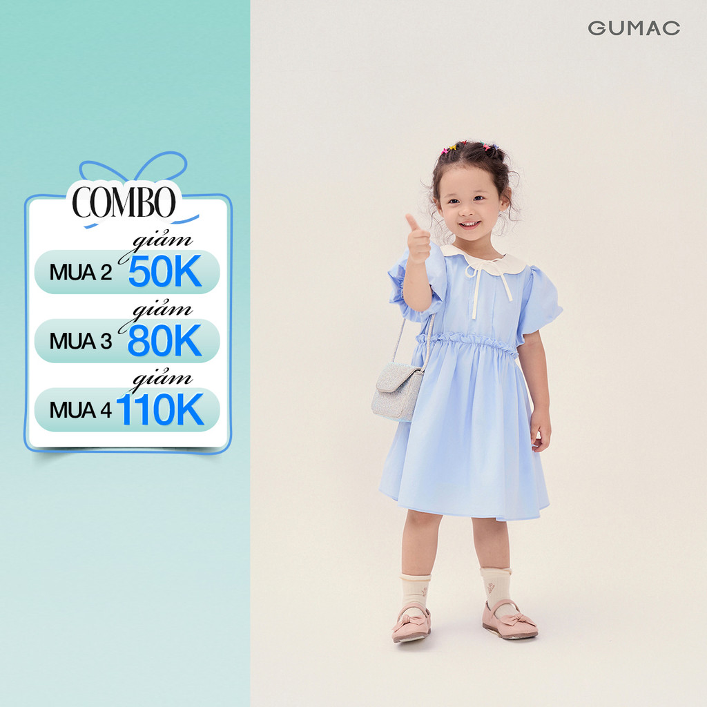 Đầm Bé Gái GUMAC Form A Xòe Tay Bí Cổ Cánh Hoa Vải Kate Mát Dễ Thương DKG04024