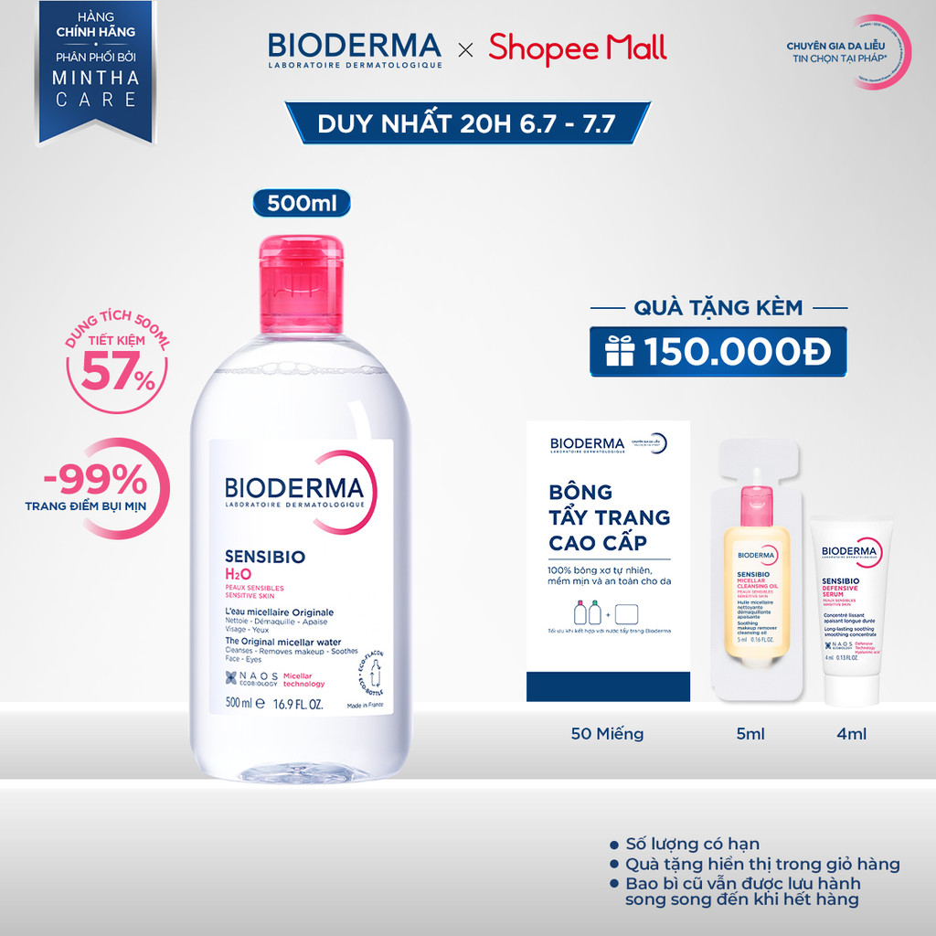 Dung dịch làm sạch và tẩy trang công nghệ Micellar cho da thường & nhạy cảm Bioderma Sensibio H2O - 500ml
