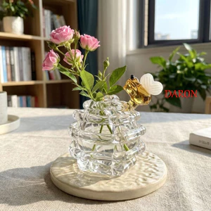 Bình thủy tinh nhỏ DARON, Bình hoa thủy canh hình con ong trong suốt, Zen tối giản sáng tạo lấy cảm hứng từ đế để bàn Bình trang trí gia đình