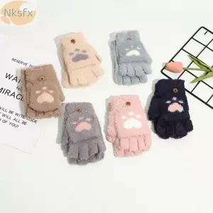 Găng Tay Đan Lật NKSFX, Găng Tay Mèo Không Ngón Hoạt Hình, Lông Cừu Mềm Mại Sang Trọng Ấm Áp Làm Dày Găng Tay Màn Hình Cảm Ứng Nữ Bé Gái
