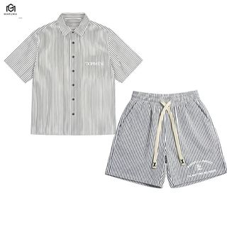 Bộ Đũi Kẻ VIBRANT SUMMER Unisex Form Rộng - Sơ Mi Đũi Nam Tay Ngắn Phối Quần Đùi Cạp Chun Thoáng Mát