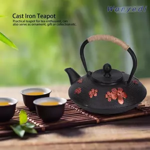 Ấm đun nước sắt WANYEDI, Tay cầm bằng đồng Móc thẳng Vòi gang, Gang cổ điển Công suất 0,9L Màu đỏ Phương Đông Hoa văn anh đào Phương Đông Ấm trà Phương Đông Pha trà