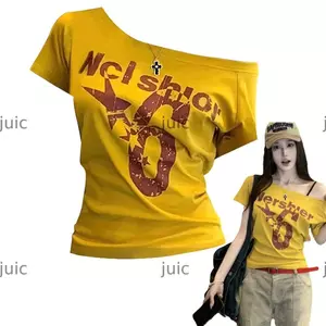 Áo đeo vai JUIC, In chữ Y2k tay ngắn, Cổ áo Crop top cổ xiên thời trang
