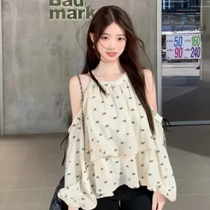 Áo sơ mi nữ cổ tròn hoa kiểu Pháp mùa xuân lệch vai Áo sơ mi ngắn nhỏ phong cách Hàn Quốc Áo sơ mi voan cao cấp