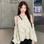 Áo sơ mi nữ cổ tròn hoa kiểu Pháp mùa xuân lệch vai Áo sơ mi ngắn nhỏ phong cách Hàn Quốc Áo sơ mi voan cao cấp